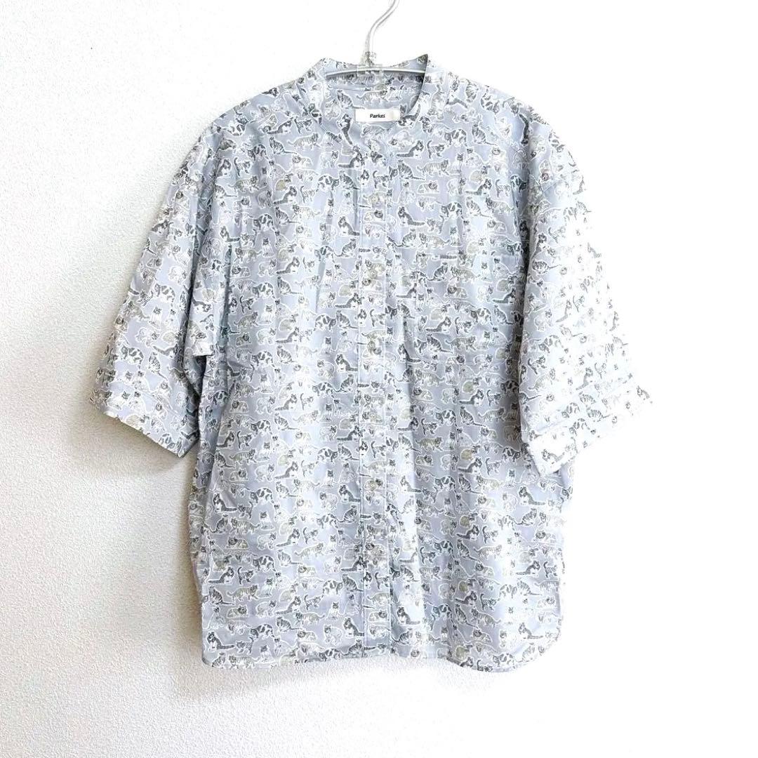 【 parks 】　リバティ　ネコ　タナローン　シャツ　ブラウス　グレー　猫