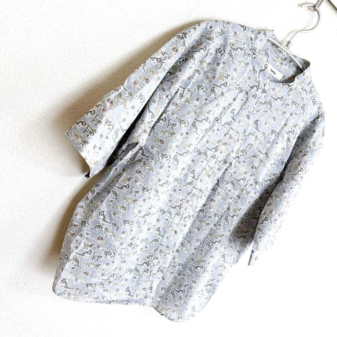 【 parks 】　リバティ　ネコ　タナローン　シャツ　ブラウス　グレー　猫