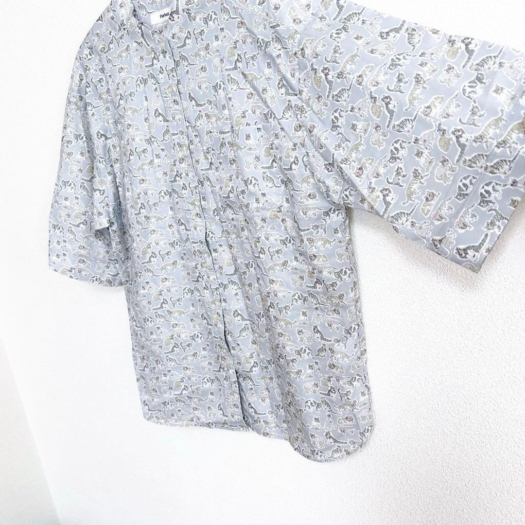 【 parks 】　リバティ　ネコ　タナローン　シャツ　ブラウス　グレー　猫