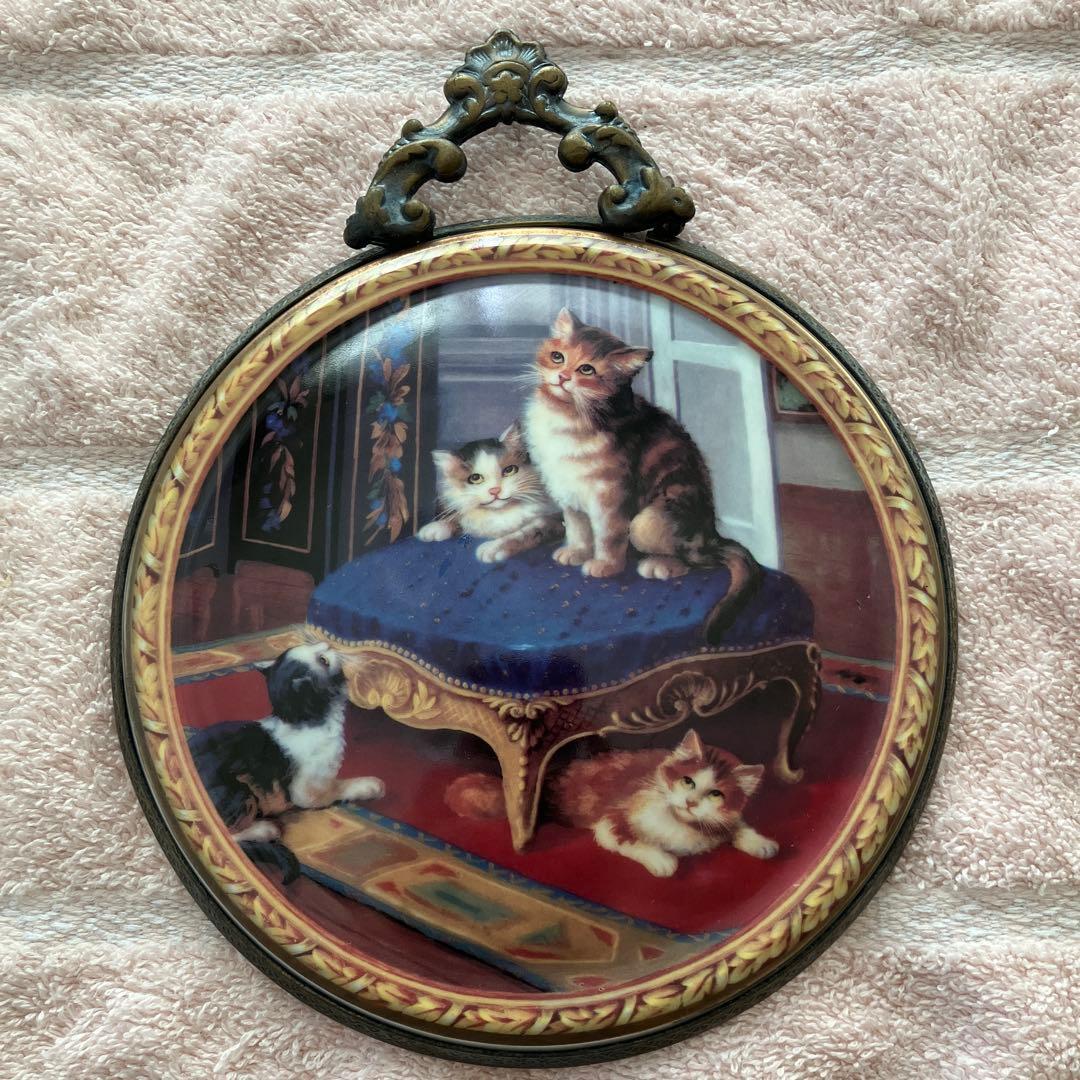 希少　マイセン 猫 壁掛け 飾り絵 プレート 猫の絵画 アンティークフレーム