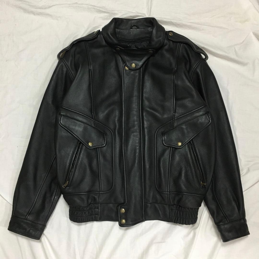 【個性派古着】南海部品　長袖デザイン革ジャン　牛革　ツヤあり　ファスナー式　XL