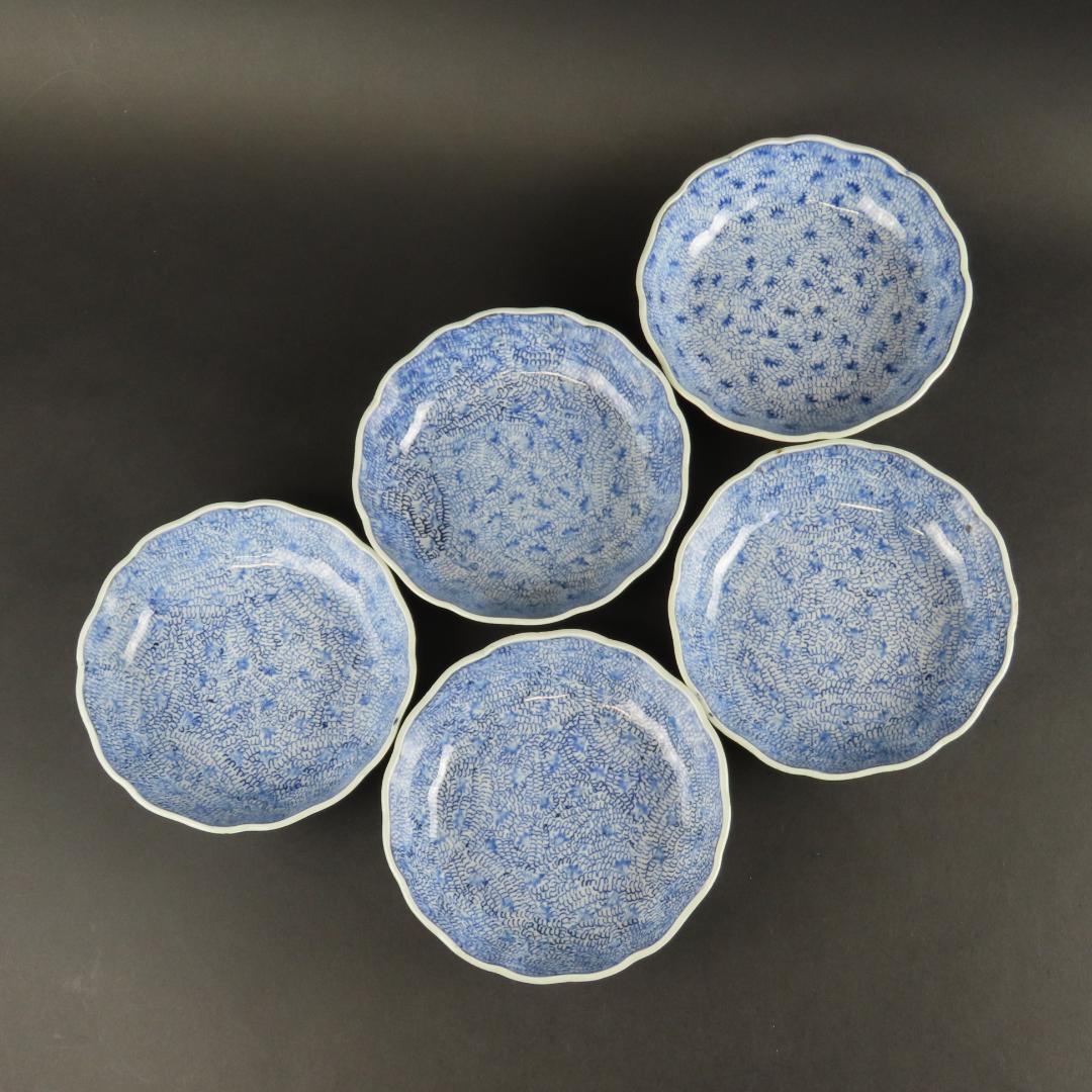 ⭕292 古伊万里 染付 膾皿なます皿５客 みじん微塵唐草文様 江戸期