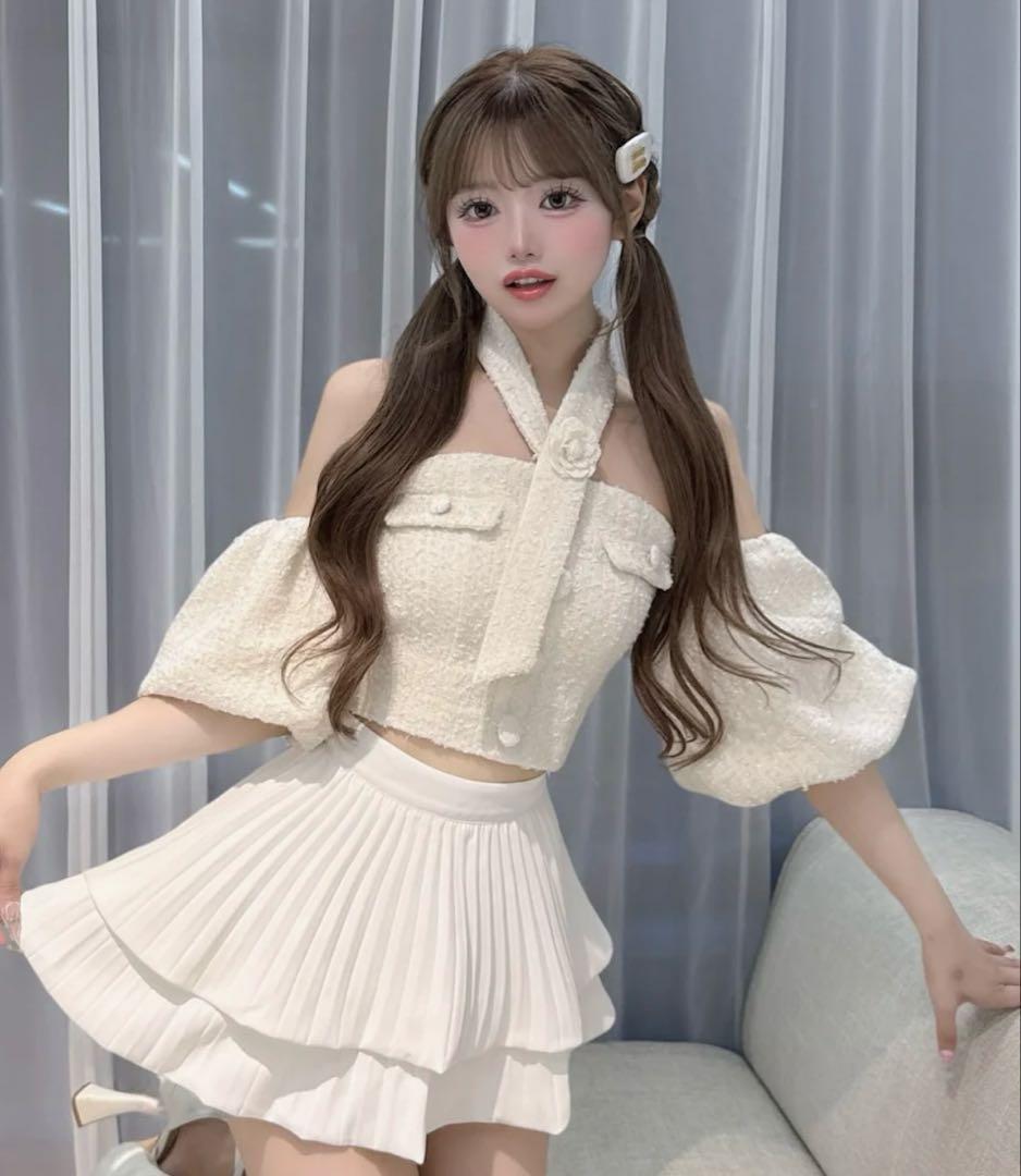 Darich ホルターネックオフショルツイードトップス　　WHT