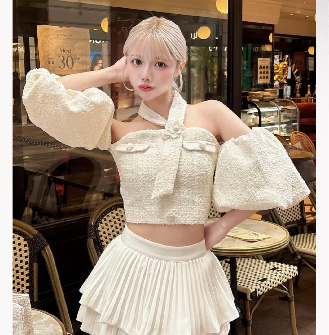 Darich ホルターネックオフショルツイードトップス　　WHT