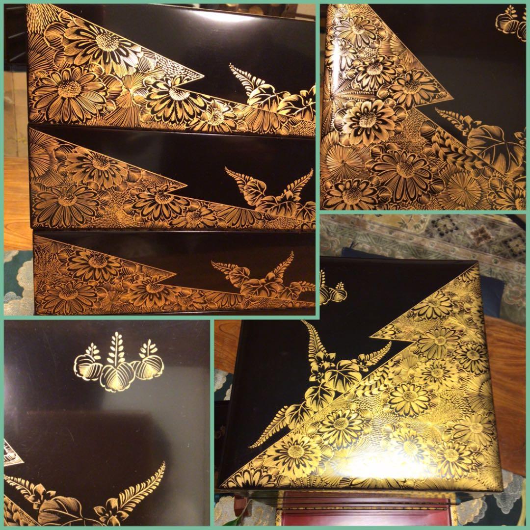 【特別出品】木製輪島塗　沈金　菊に桐紋様　片身代わり台付　５段重