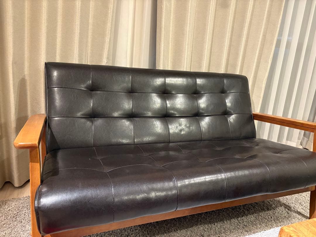 2人がけソファ黒ブラック革ウッド