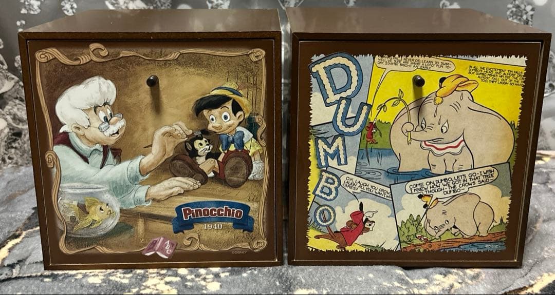 d*2様 ディズニー 木製 引き出し ピノキオ・ダンボ・小物入れ・ボックス2個セ