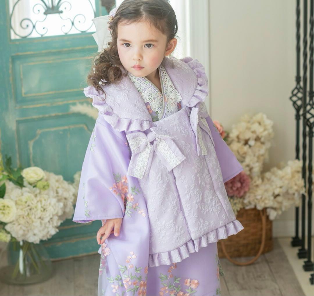 七五三 3歳　女の子　着物ワンピ+被布セット+靴　ライラック