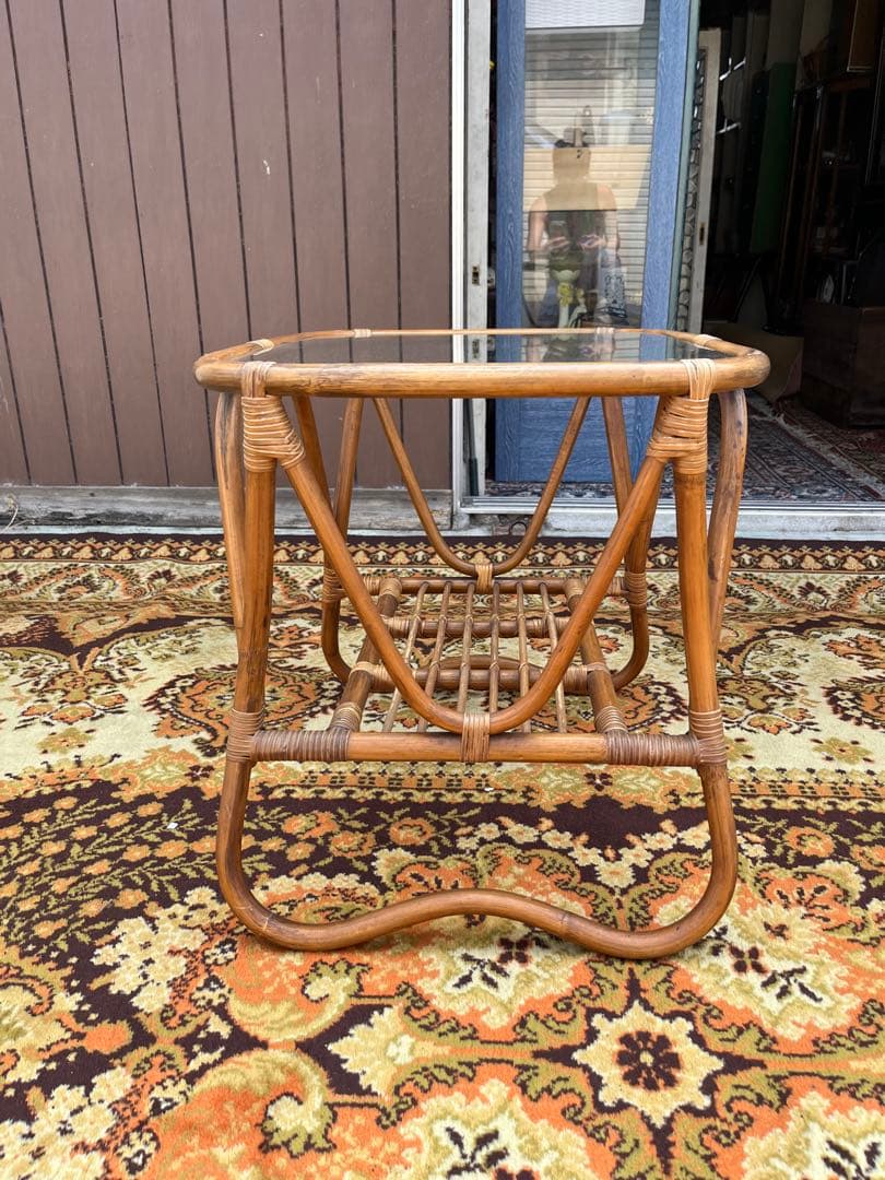 ラタンテーブル センターテーブル 籐 インテリア アンティーク ガラステーブル