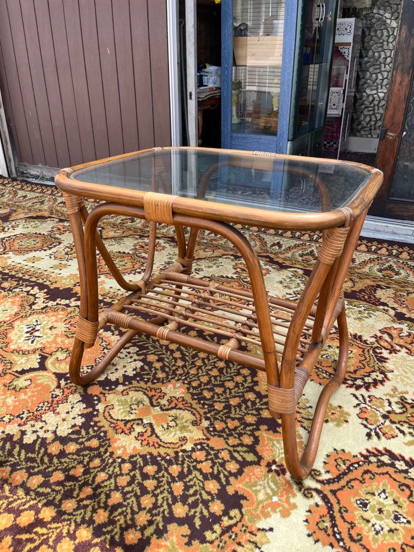 ラタンテーブル センターテーブル 籐 インテリア アンティーク ガラステーブル