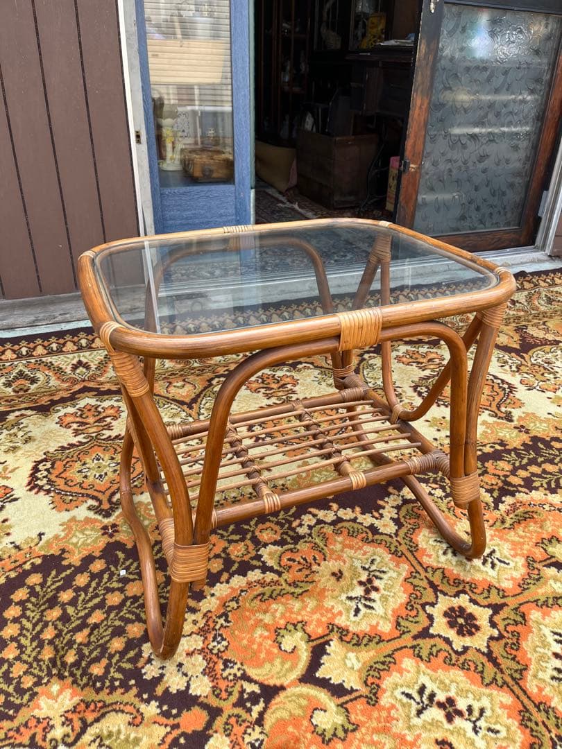 ラタンテーブル センターテーブル 籐 インテリア アンティーク ガラステーブル