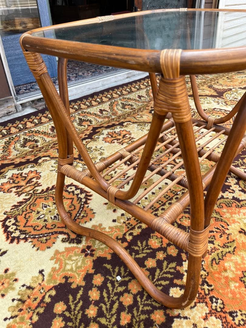 ラタンテーブル センターテーブル 籐 インテリア アンティーク ガラステーブル