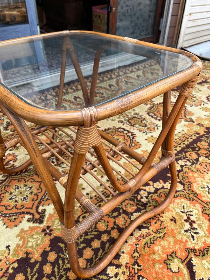 ラタンテーブル センターテーブル 籐 インテリア アンティーク ガラステーブル