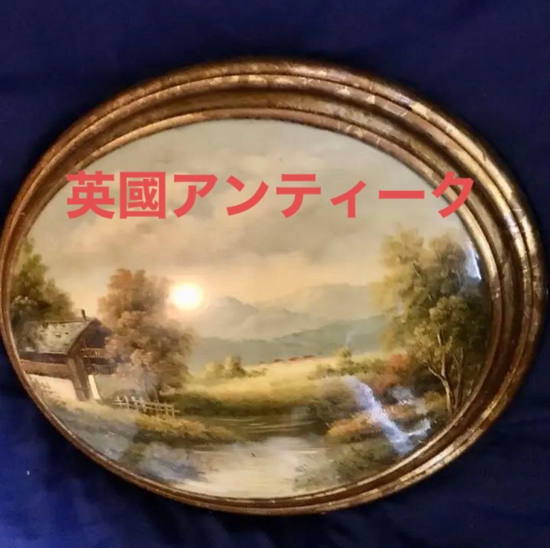 英国　手描き風景半球アンティーク　ドーム型壁掛け木製細密画