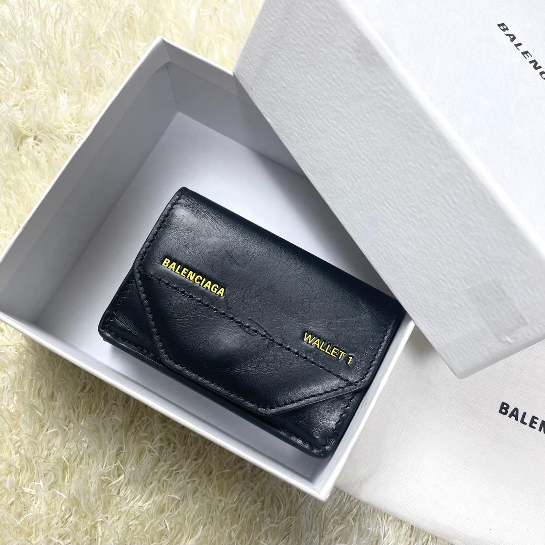 箱 袋付き 極美品 バレンシアガ 三つ折り財布 WALLET1 レザー ブラック