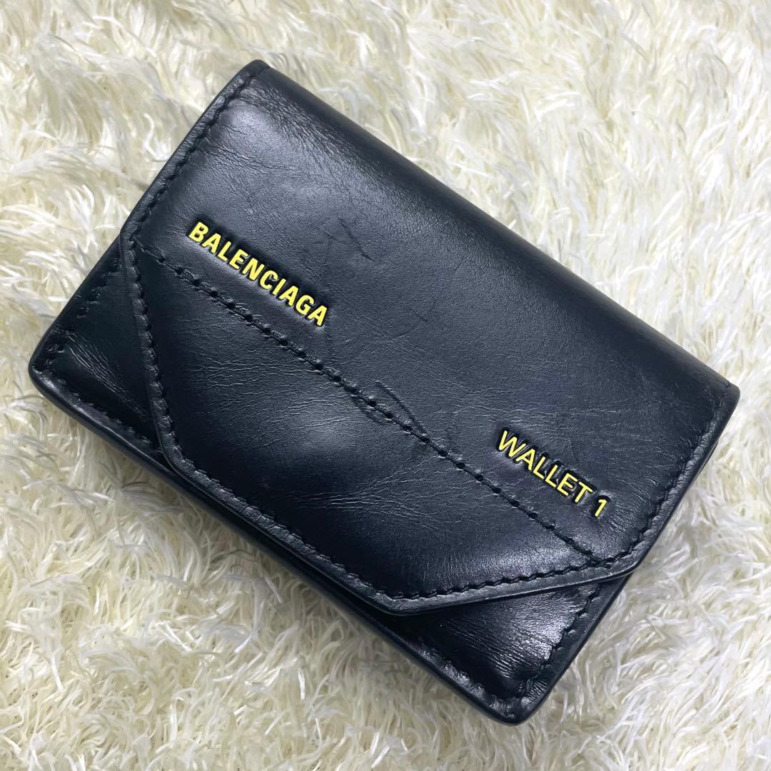箱 袋付き 極美品 バレンシアガ 三つ折り財布 WALLET1 レザー ブラック
