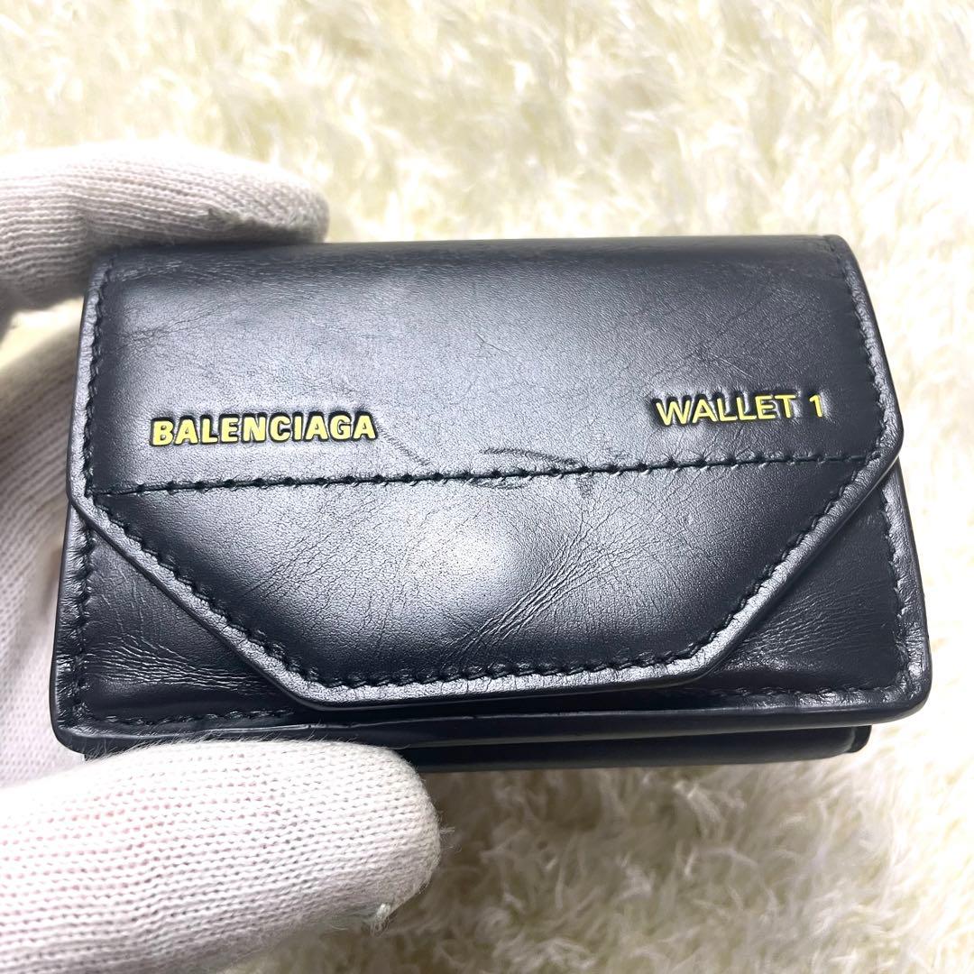 箱 袋付き 極美品 バレンシアガ 三つ折り財布 WALLET1 レザー ブラック