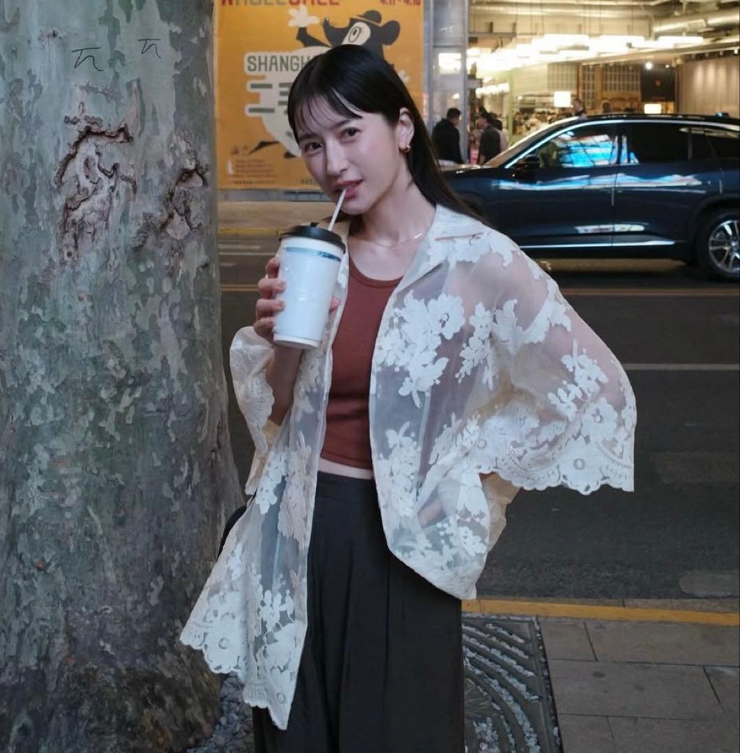 【美品】CLANE SHEER FLOWER LACE SHIRT