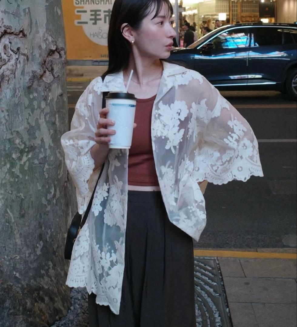 【美品】CLANE SHEER FLOWER LACE SHIRT