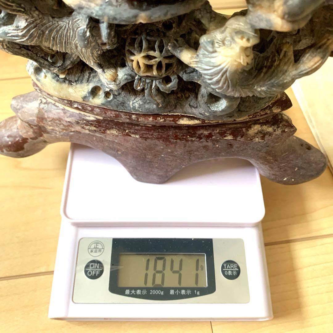 『中国』天然石 青田石 骨董彫刻 アンティーク 獅子鈕蓋爐 大香炉 置物（3）