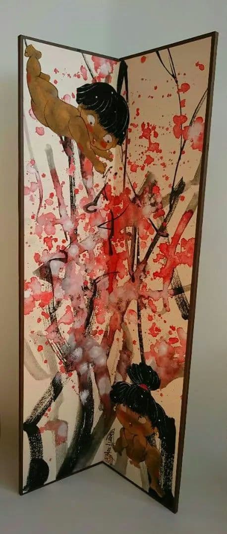 絵画　彩絵　墨彩絵　屏風絵　日本画　置物　インテリア　工芸品　美術品　A1191