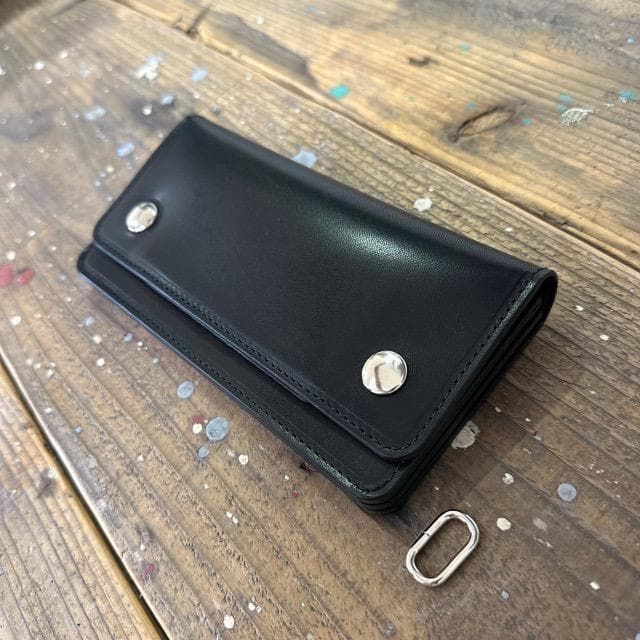 りく　ロングトラッカーウォレット　栃木レザーブラック　シルバー