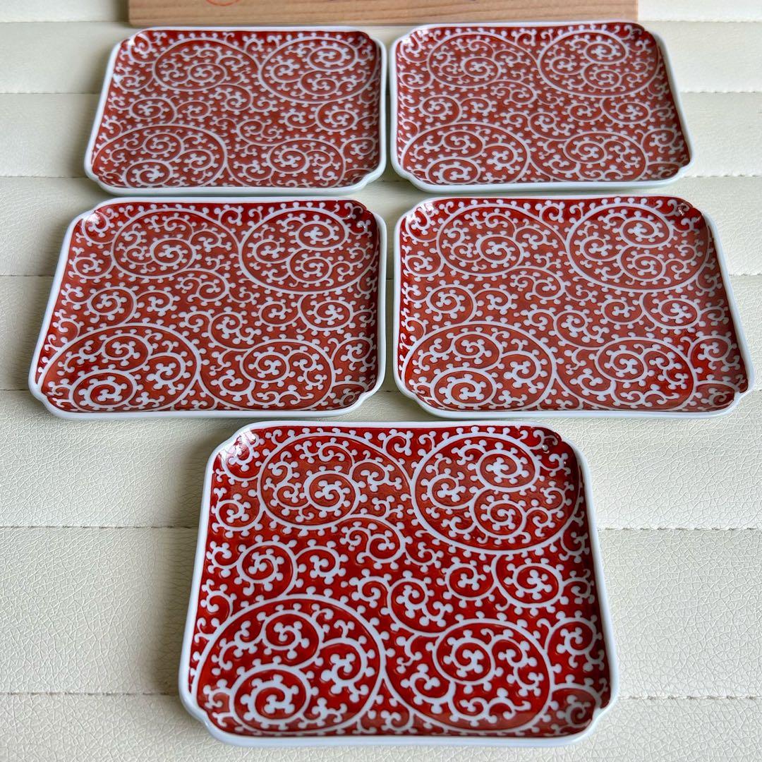有田焼　幸楽窯　赤絵蛸唐草　銘々皿揃　5枚セット　小皿　角皿　長角皿　古伊万里