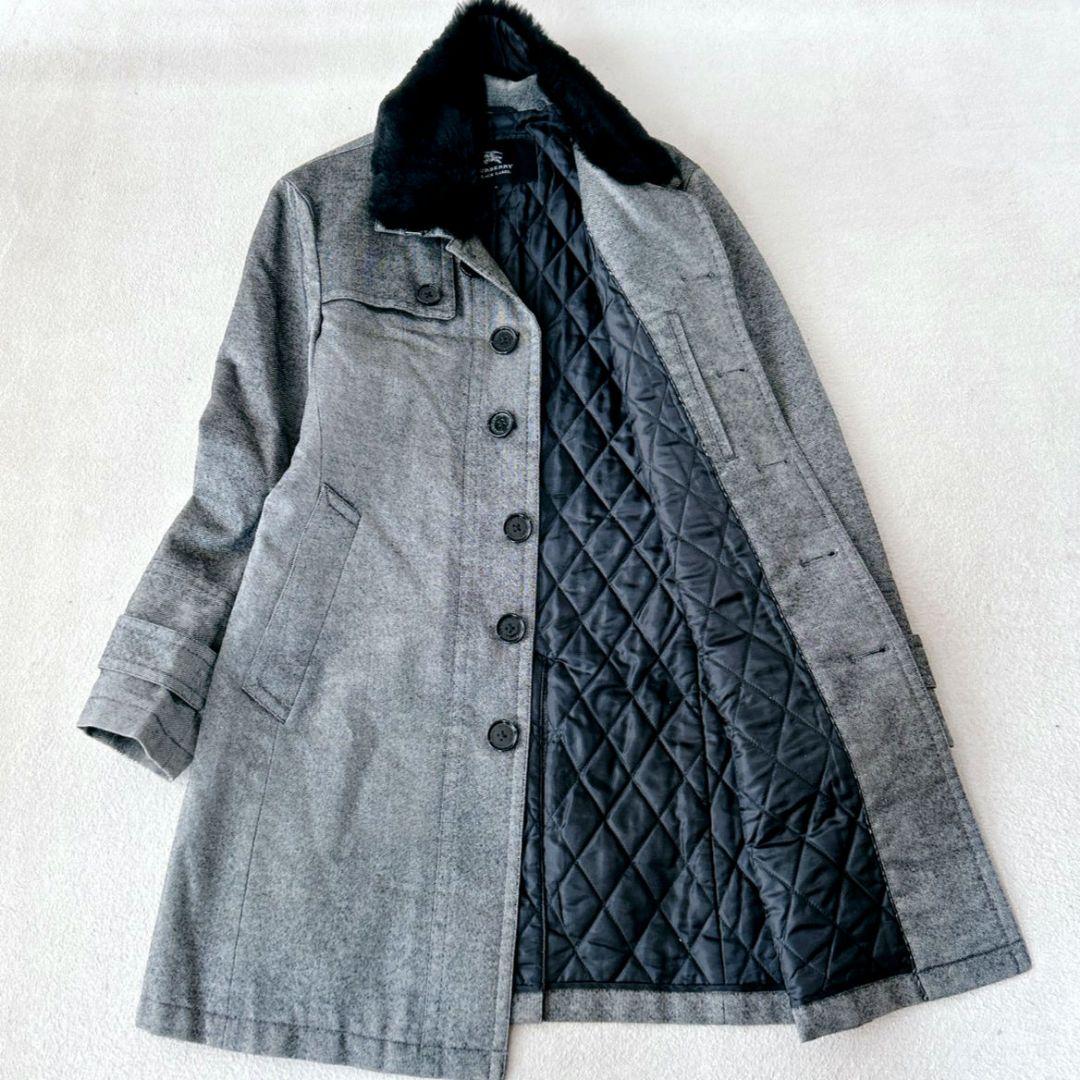 バーバリーブラックレーベル ラビットファー ステンカラーコート 中綿キルティング