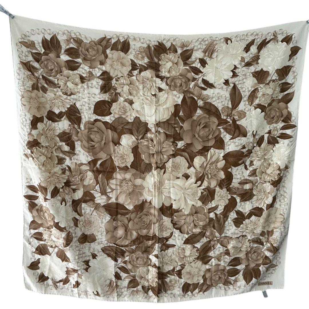 CHANEL シャネル　パール　ローズ　ベージュ　シルク　スカーフ