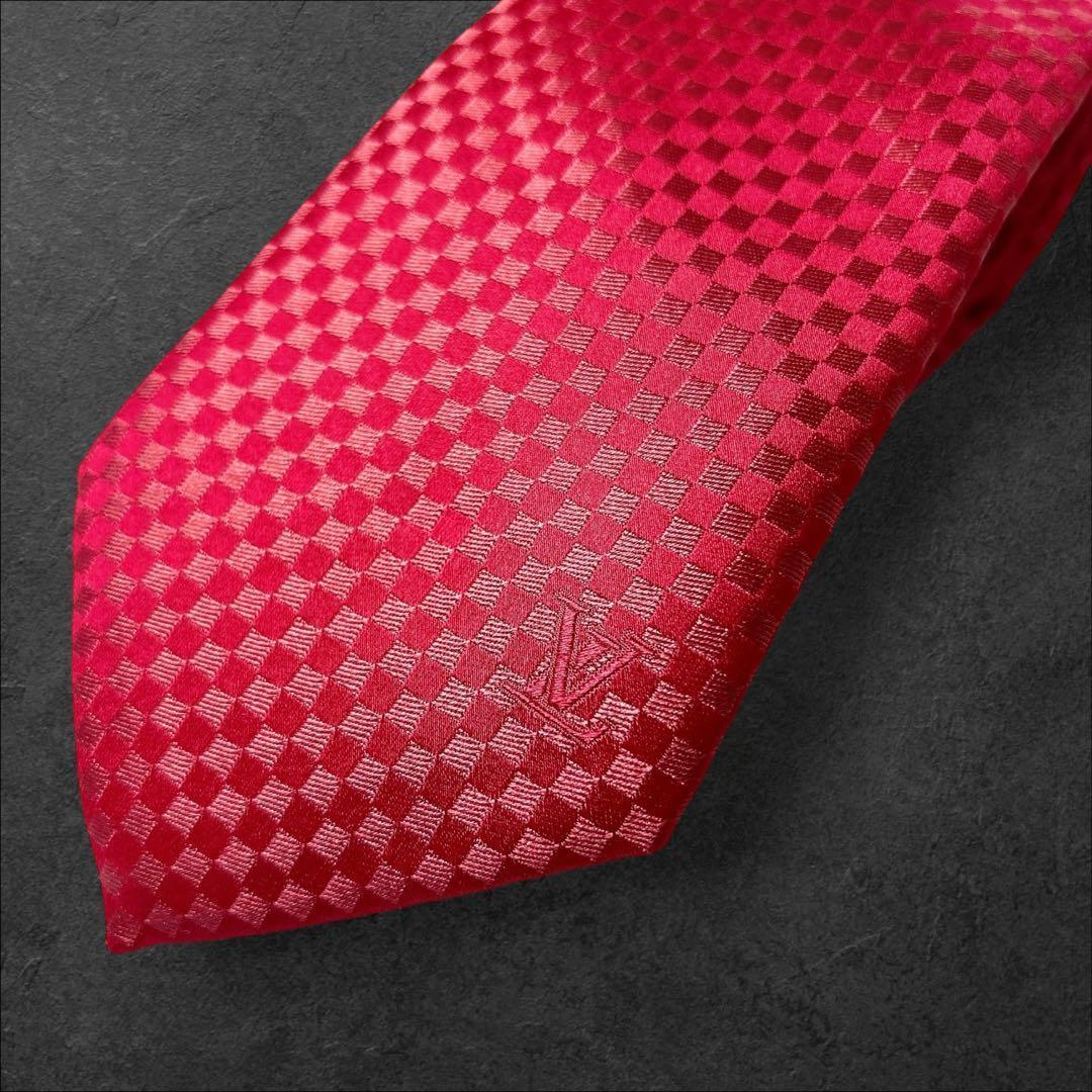 美品 ルイヴィトン マイクロダミエ シルクネクタイ 人気 LVロゴ ソリッド