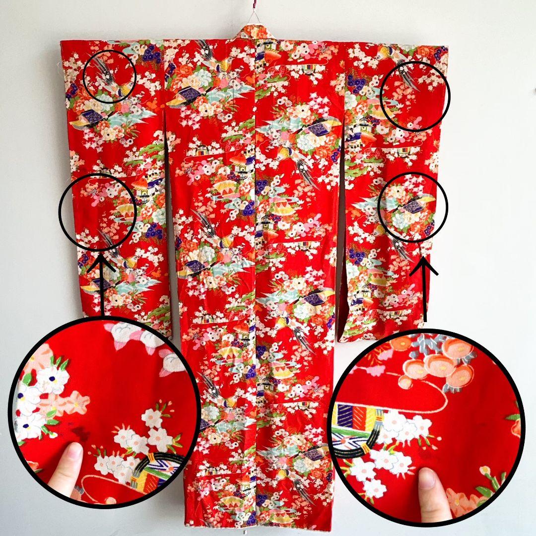 七五三　７歳フルセット　アンティーク　長着＆帯＆長襦袢＆草履＆小物セット　赤地