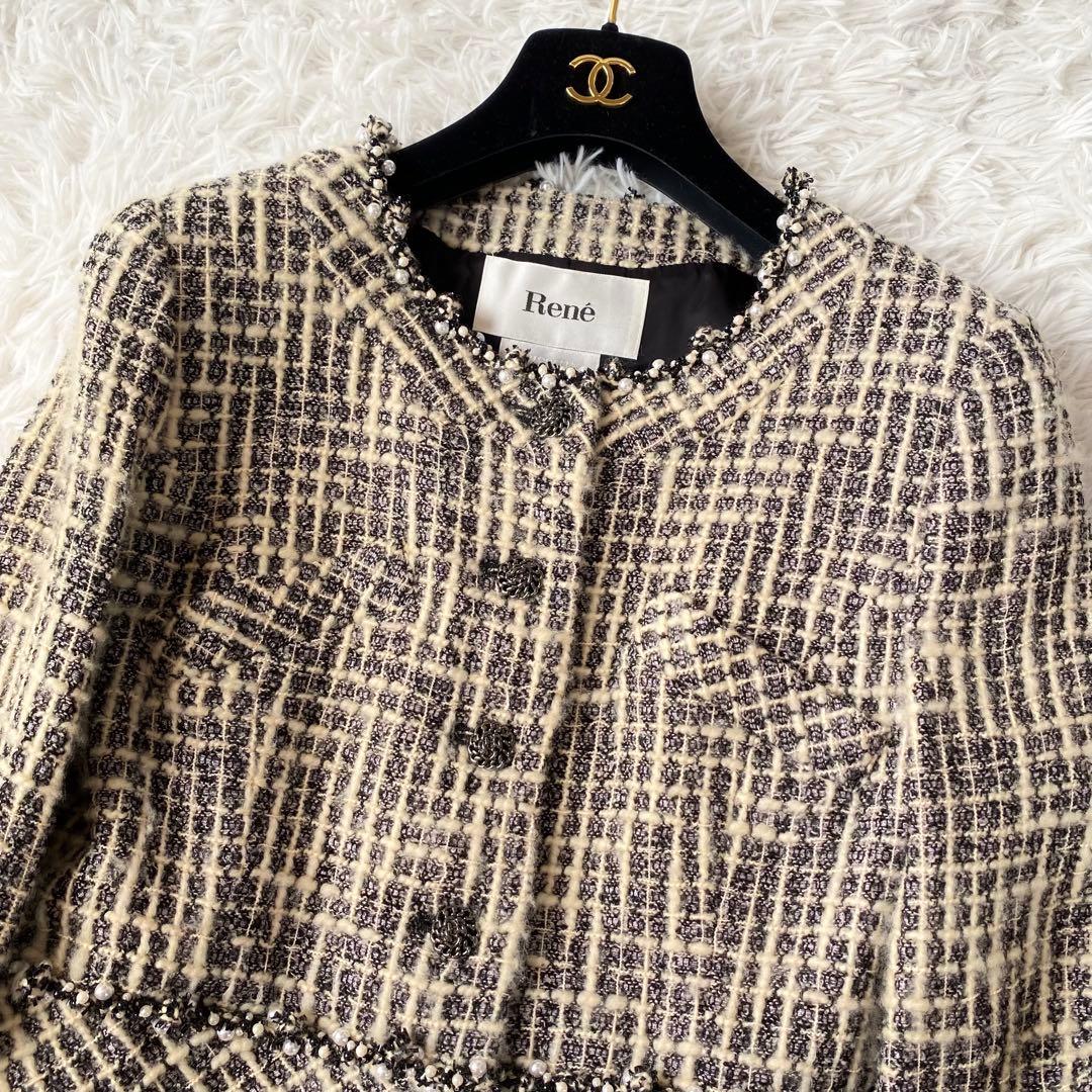 マッチ 極美品*Rene TISSUE社製 ツイードコート ノーカラー