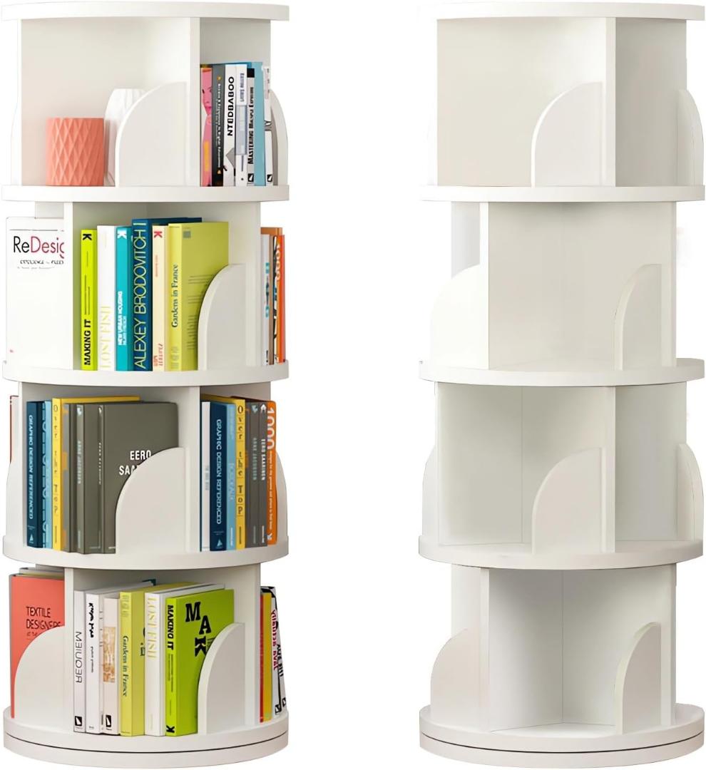ホワイト 4段 本棚 回転式本棚 大容量 直径46CM A4紙が入る高さ 絵本棚