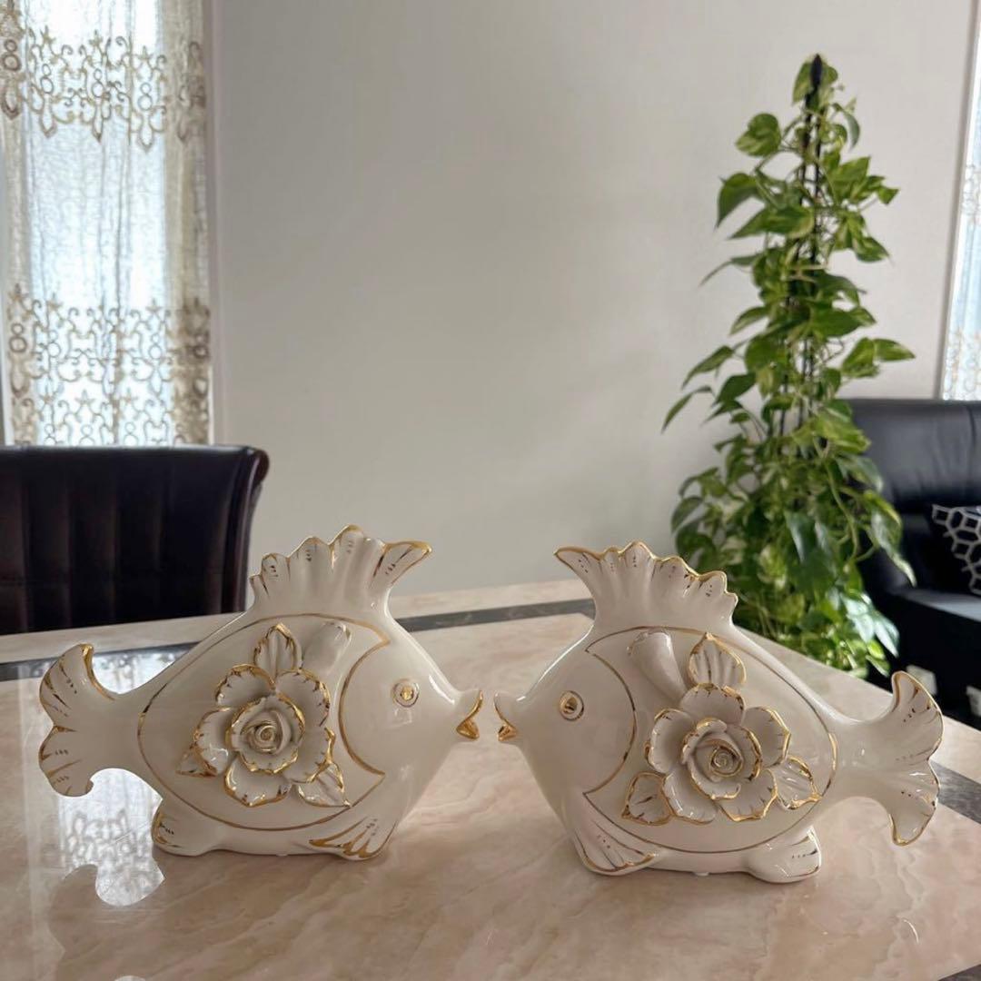 ＆ 【A0104】大型 陶磁器 金魚 縁起物 ペアセット 2体 ヨーロッパ豪華