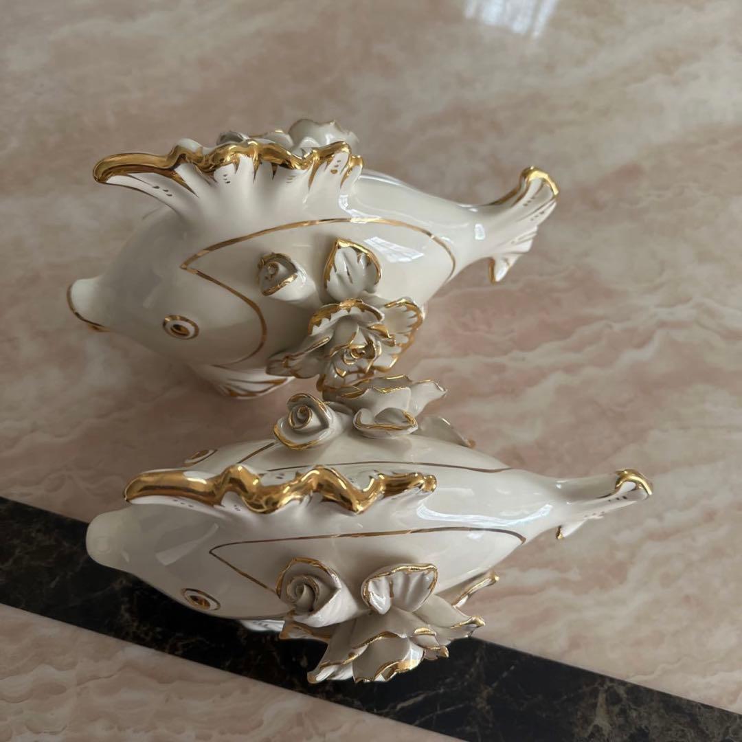 ＆ 【A0104】大型 陶磁器 金魚 縁起物 ペアセット 2体 ヨーロッパ豪華