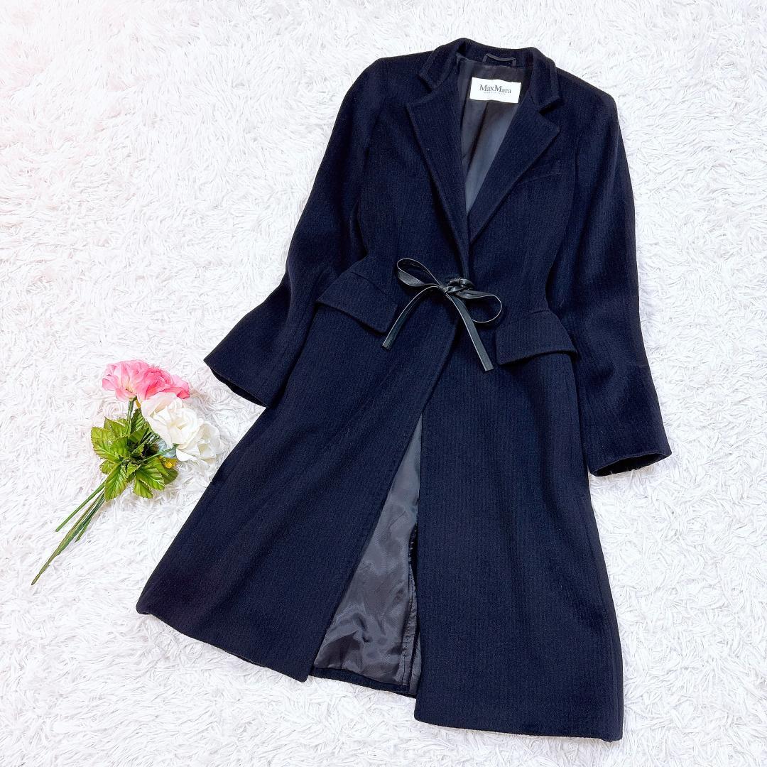 うらら【極美品】MaxMara アルパカウールコート レザーリボン 紺38