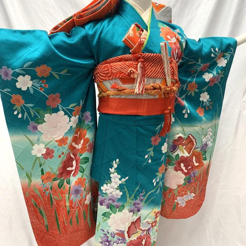 508ag54■七五三 七歳 女児 着物&袋帯 鴛鴦 牡丹 青緑■美品