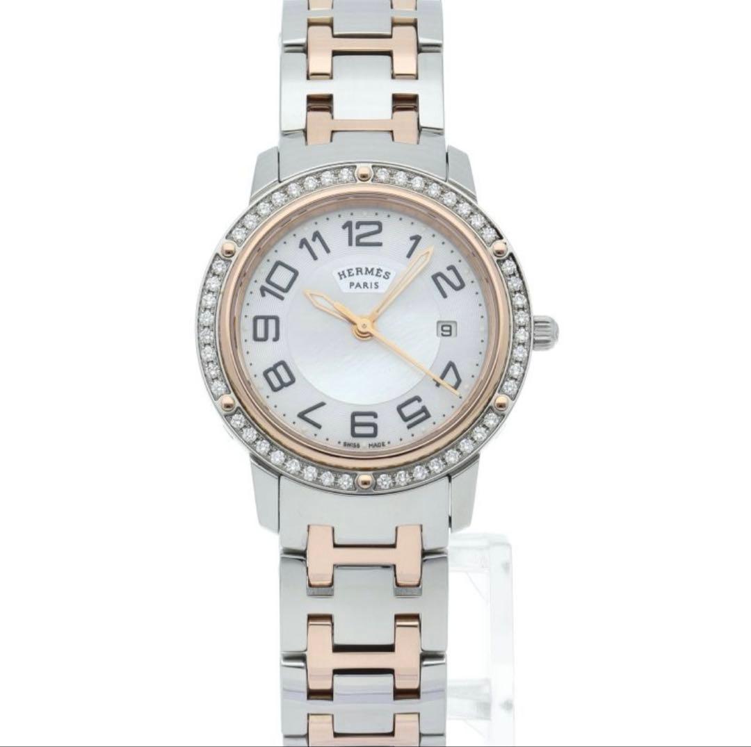 HERMESエルメスクリッパーナクレダイヤベゼルシェル文字盤コンビ腕時計