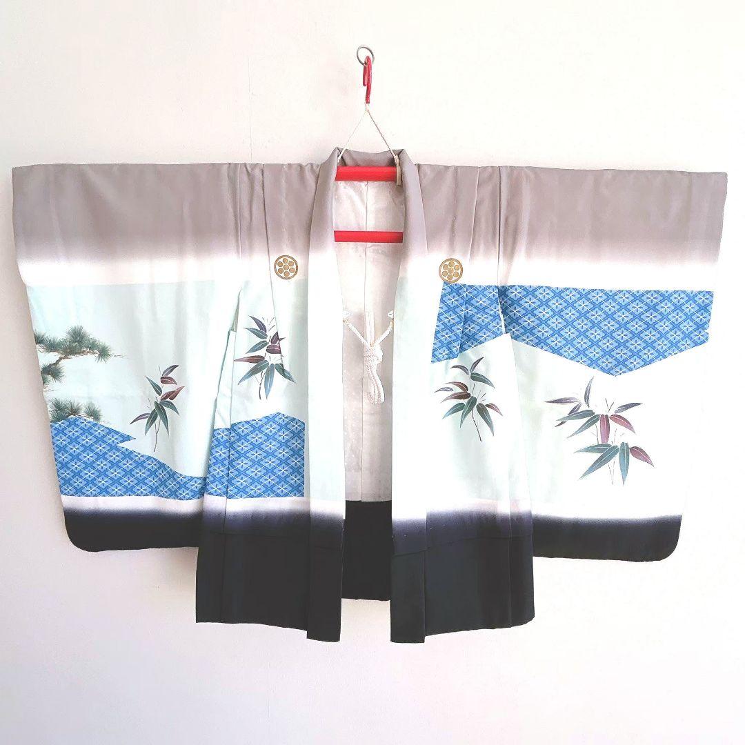 セット　七五三　5歳　男の子　羽織　袴　長着　長襦袢　帯　草履　グレー水色黒