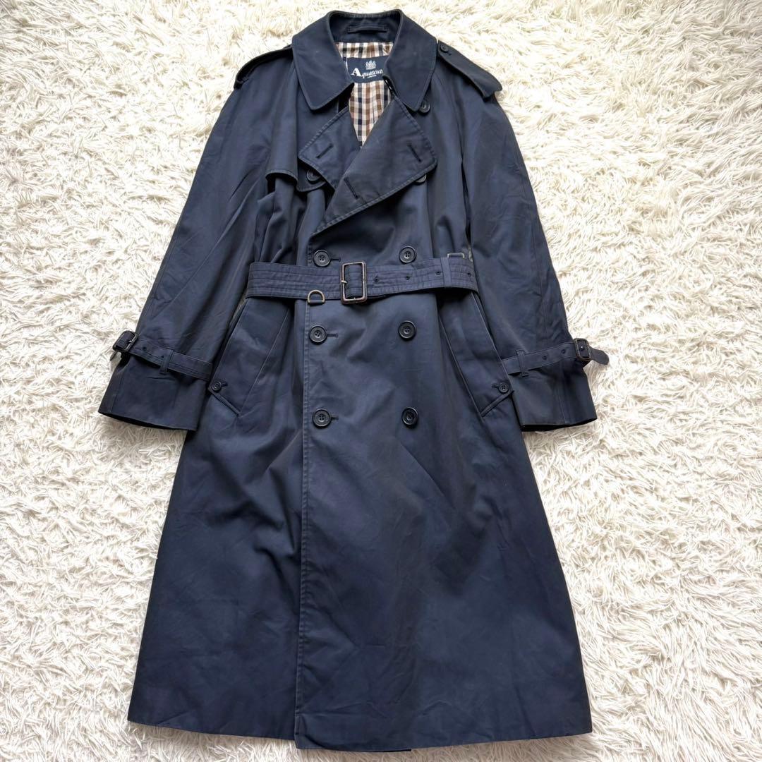アクアスキュータム ロング トレンチコート チェック ネイビー