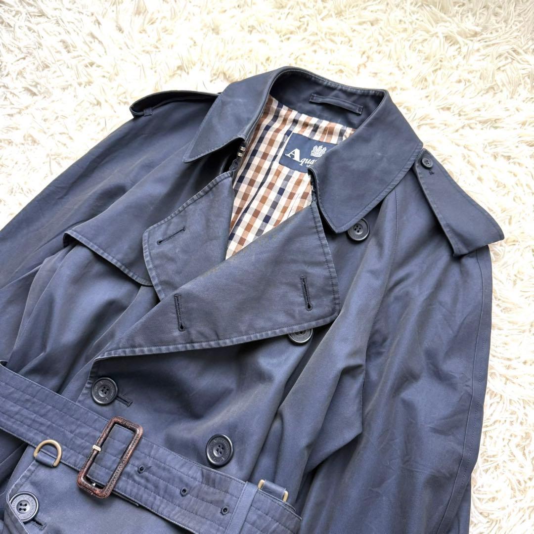 アクアスキュータム ロング トレンチコート チェック ネイビー
