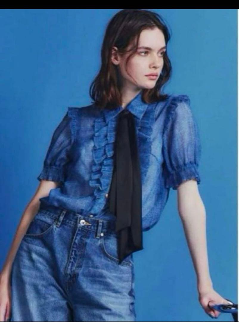 ダブルスタンダード　デニムプリントシフォンブラウス