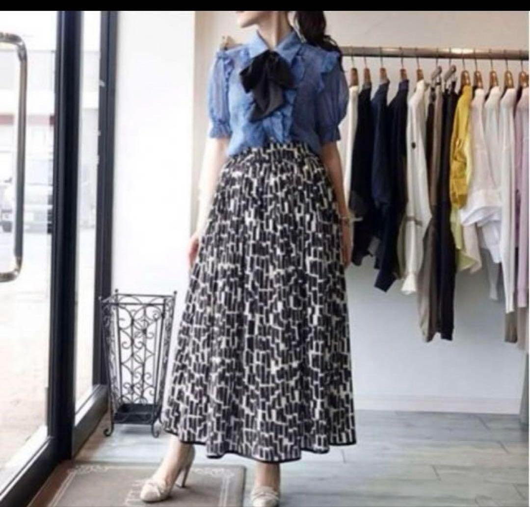 ダブルスタンダード　デニムプリントシフォンブラウス