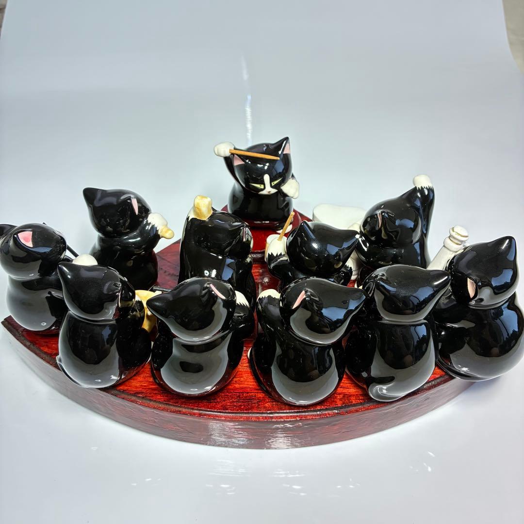 【瀬戸焼】黒猫オーケストラ　11体セット　黒猫音楽隊　黒猫楽団　台座付き