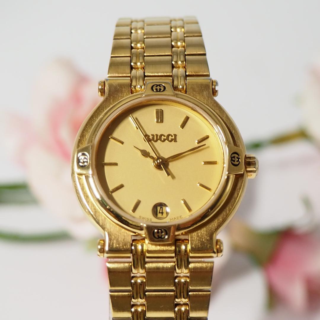 美品 グッチ GUCCI 9200L ゴールド文字盤 デイト 腕時計 H418