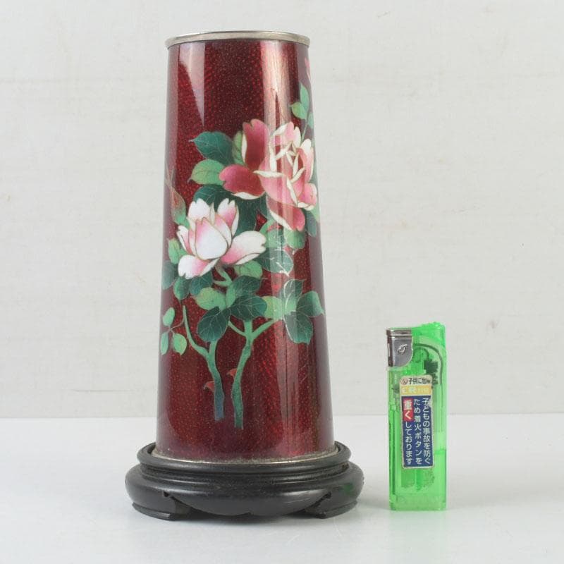 七宝焼　赤透釉　花文　花瓶　唐木台付　共箱　V　9731