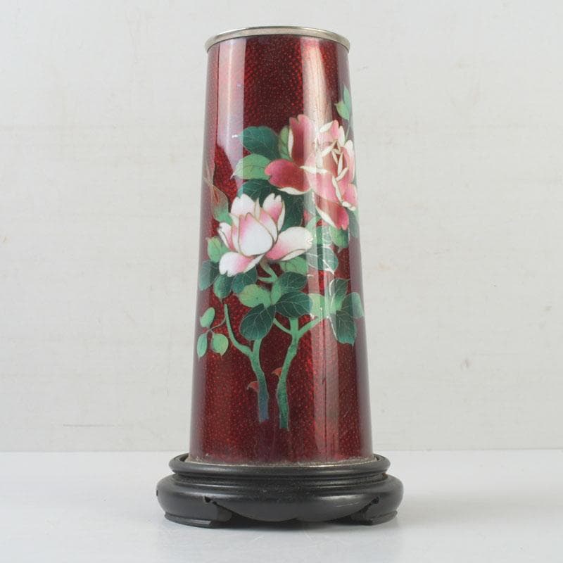七宝焼　赤透釉　花文　花瓶　唐木台付　共箱　V　9731