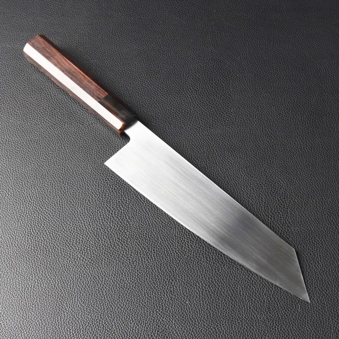 11171切付牛刀7寸ヘアライン仕上げ刃は究極の切れ味両刃包丁黒檀黒水牛角八角柄