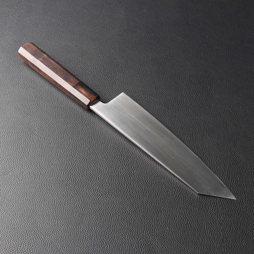 11171切付牛刀7寸ヘアライン仕上げ刃は究極の切れ味両刃包丁黒檀黒水牛角八角柄