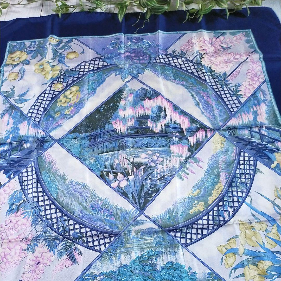 HERMES カレ90　GIVERNY モネの庭 　 花と庭園 ネイビー